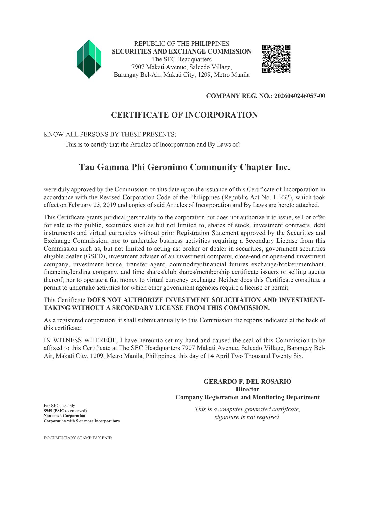 SEC Certificate